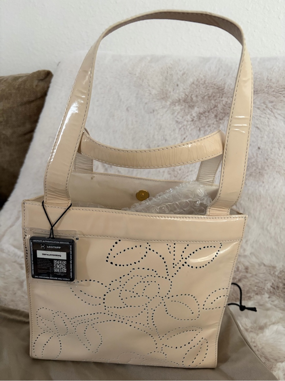 Chanel Small Beige Patent Leather Floral Perforated Tote - Picture 4 of 16